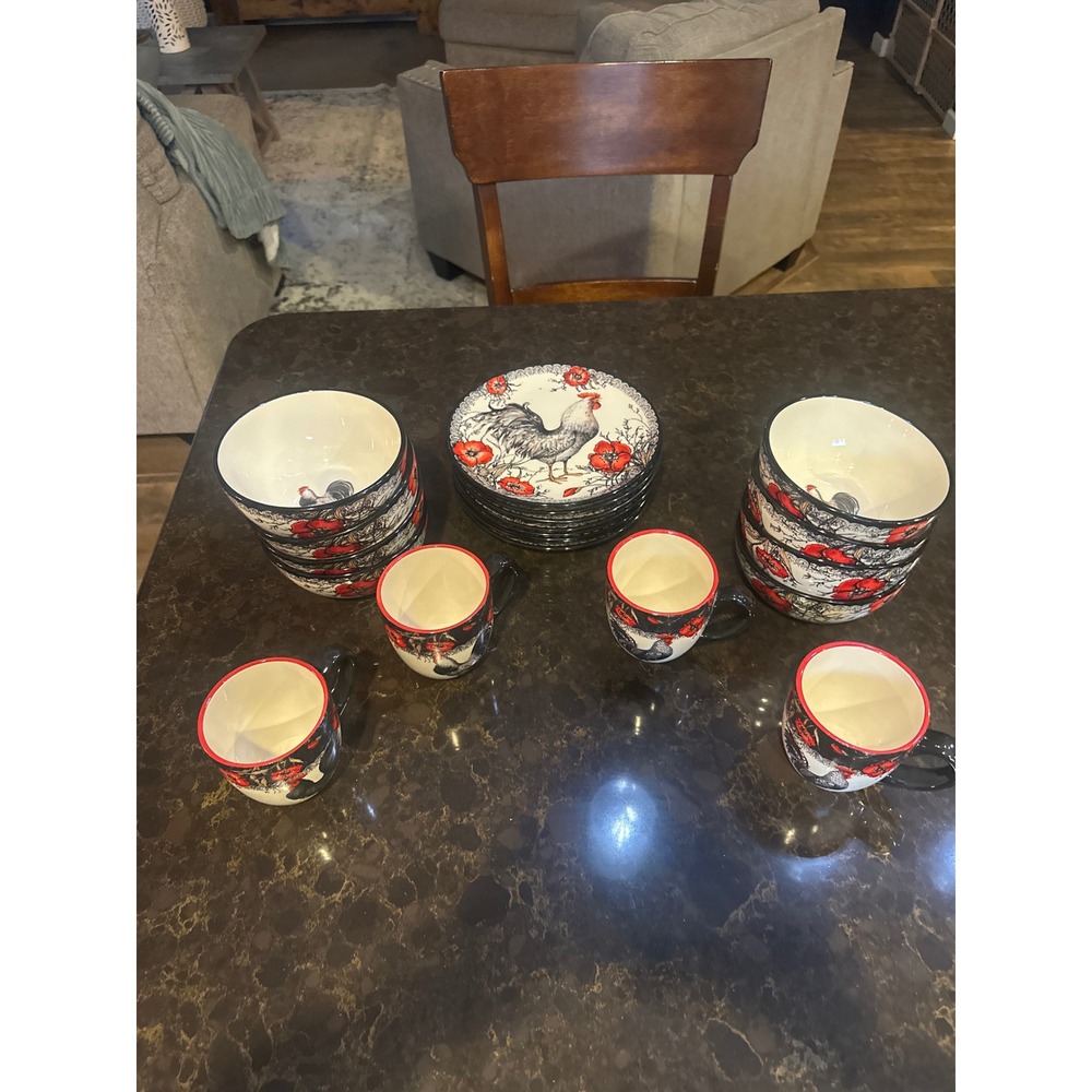 Cracker Barrel Morning Bloom Rooster Poppy 20pc Dish Set Susan Winget VINT 1991